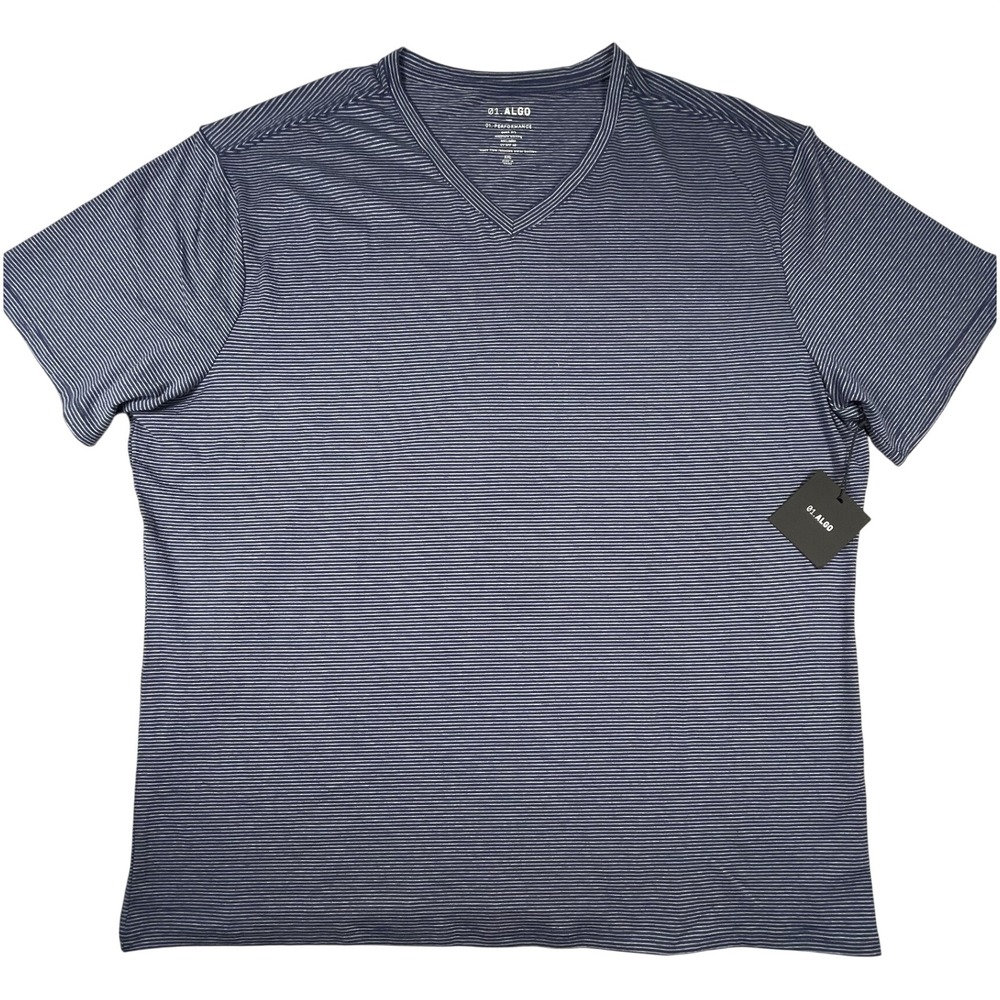 01.ALGO T-Shirt Mens XXL Blue Striped Performance V-Neck Short Sleeve NWT